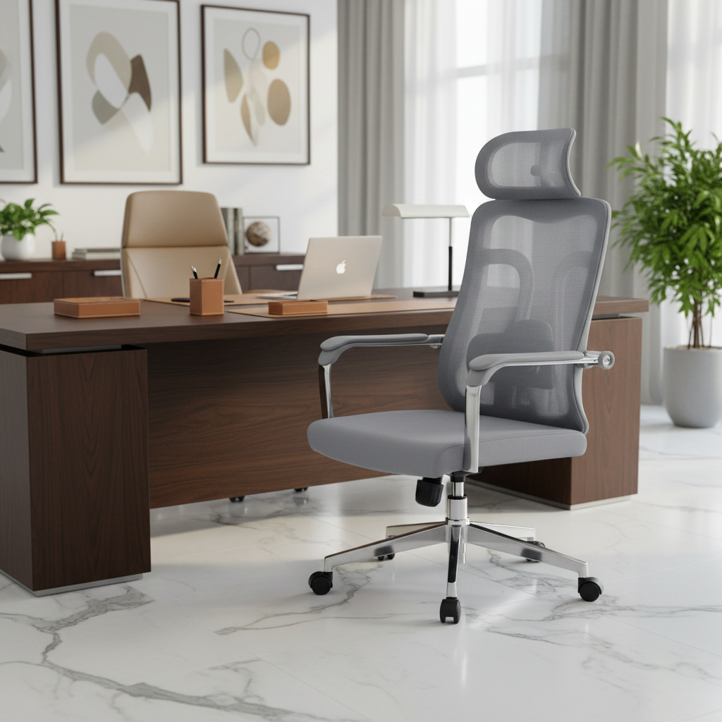 Ergonomic Mesh Grey Office Chair with Headrest - High Back Executive Chair UAE | Chrome Base | IH A-215-S
