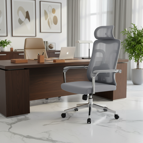 Ergonomic Mesh Grey Office Chair with Headrest - High Back Executive Chair UAE | Chrome Base | IH A-215-S