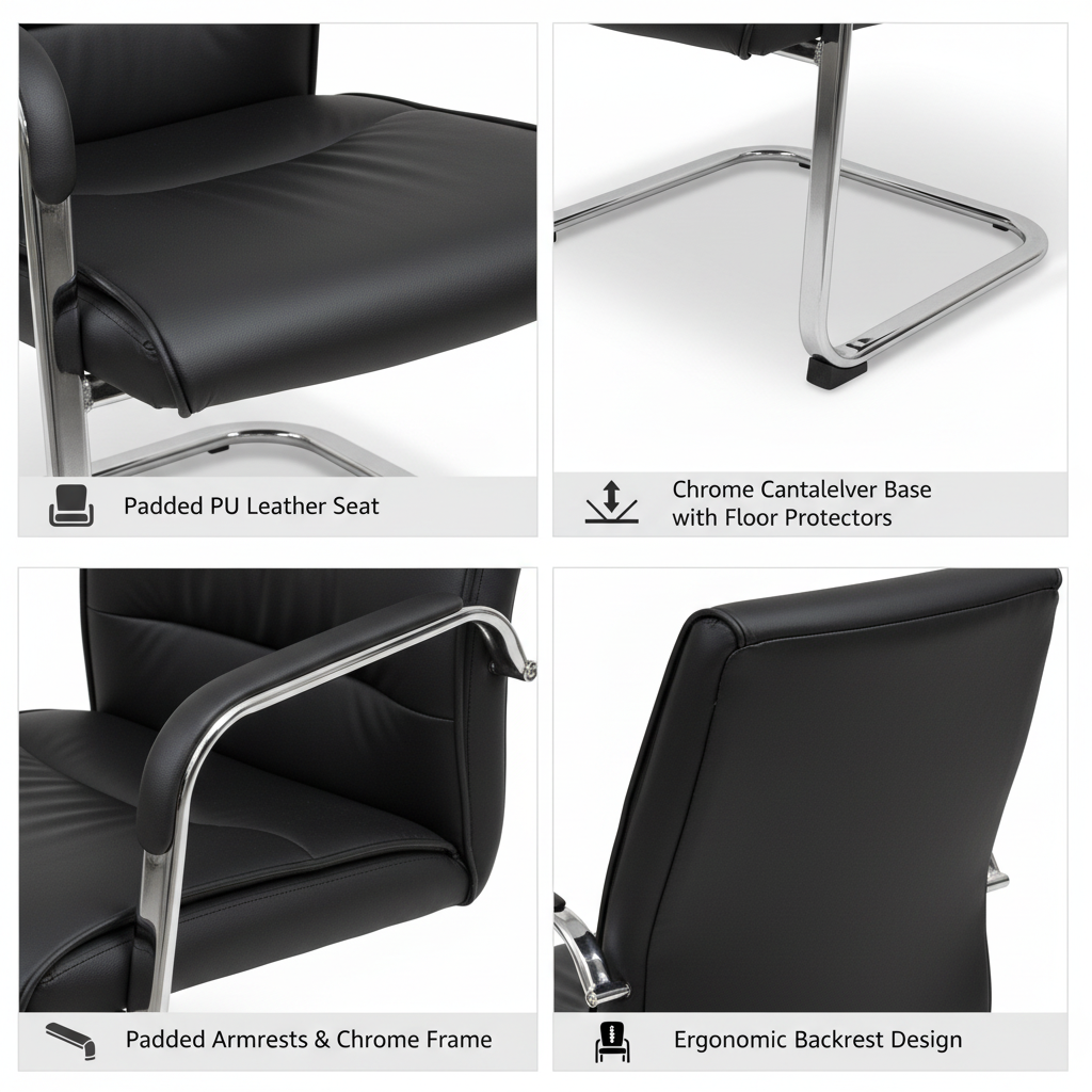 PU Leather Visitor Chair with Chrome Arms - Office Guest Seating UAE | IH 107V