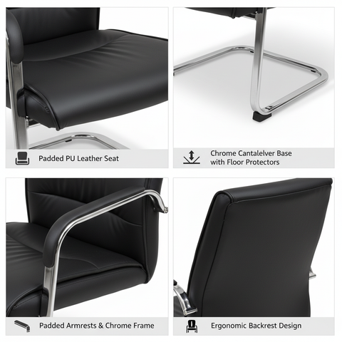 PU Leather Visitor Chair with Chrome Arms - Office Guest Seating UAE | IH 107V