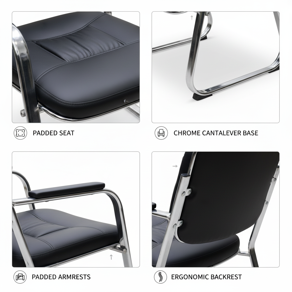 PU Leather Visitor Chair with Chrome Arms - Office Guest Seating UAE | IH 096