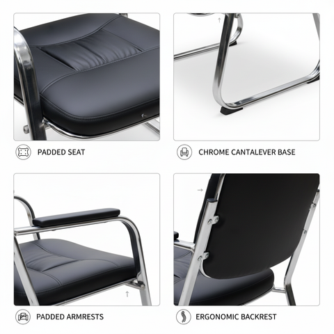 PU Leather Visitor Chair with Chrome Arms - Office Guest Seating UAE | IH 096