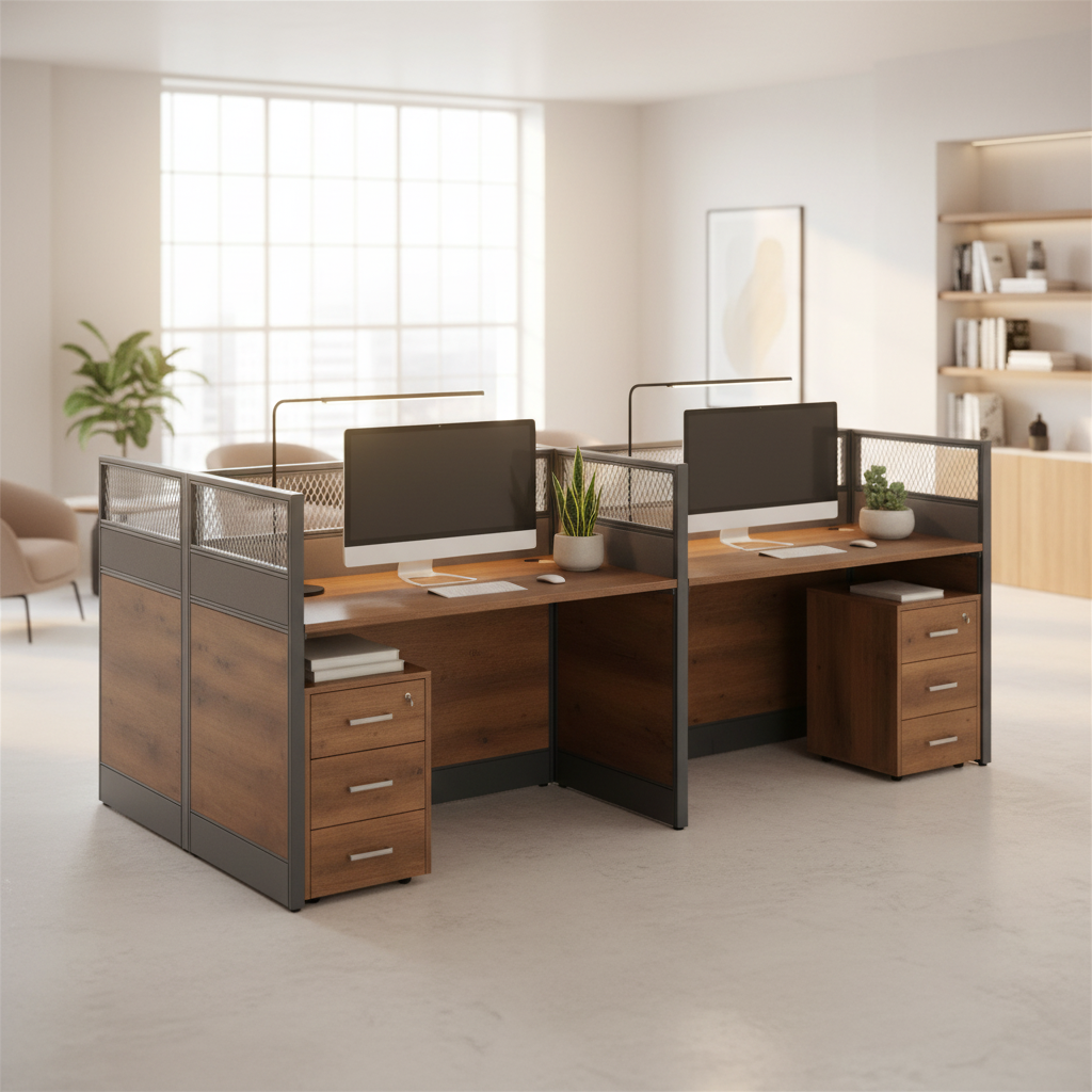 4-Person Office Workstation Coffee Grey 240x120cm | UAE Delivery