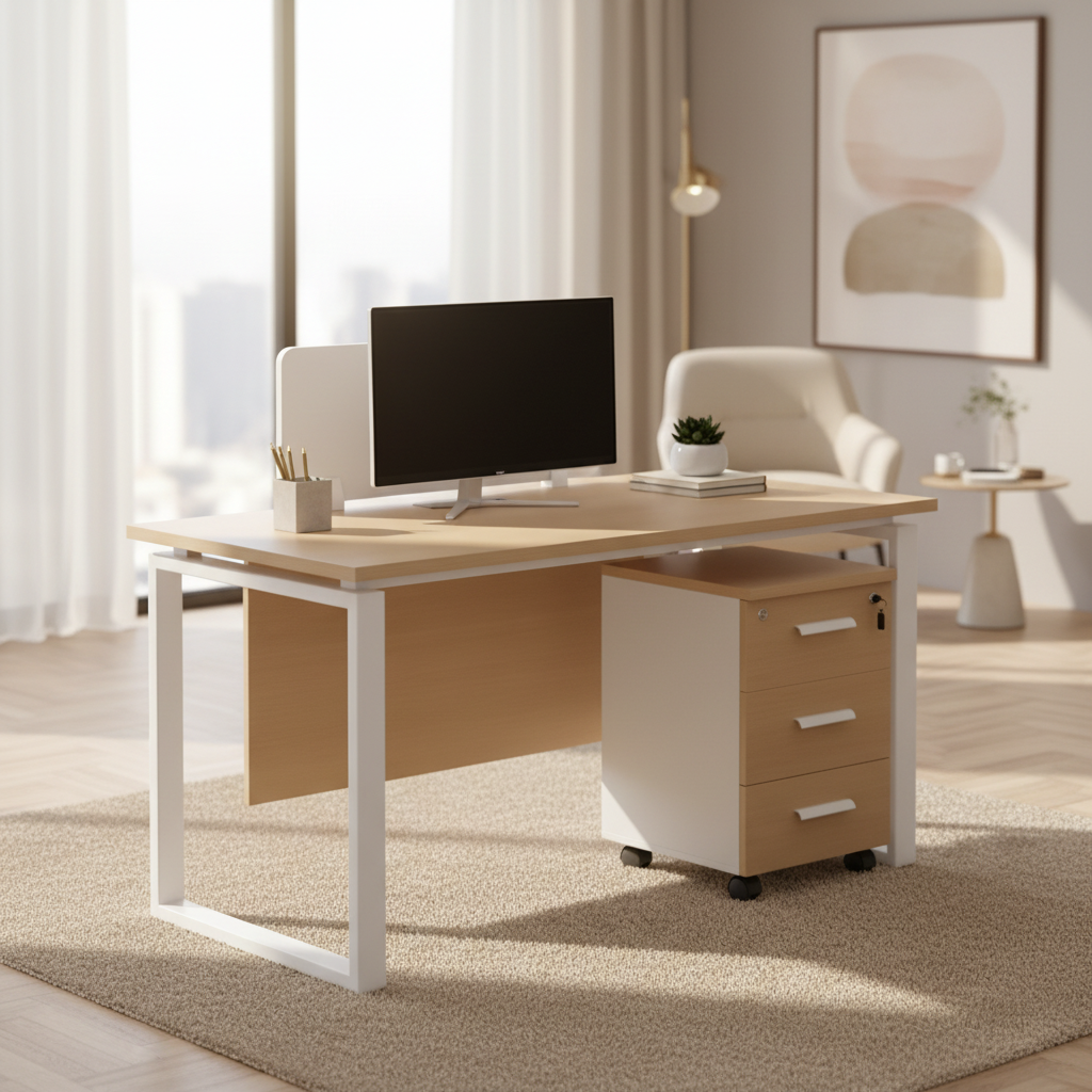 1 Person Office Workstation Desk with Drawers - Oak & White 120x60cm | Dubai UAE