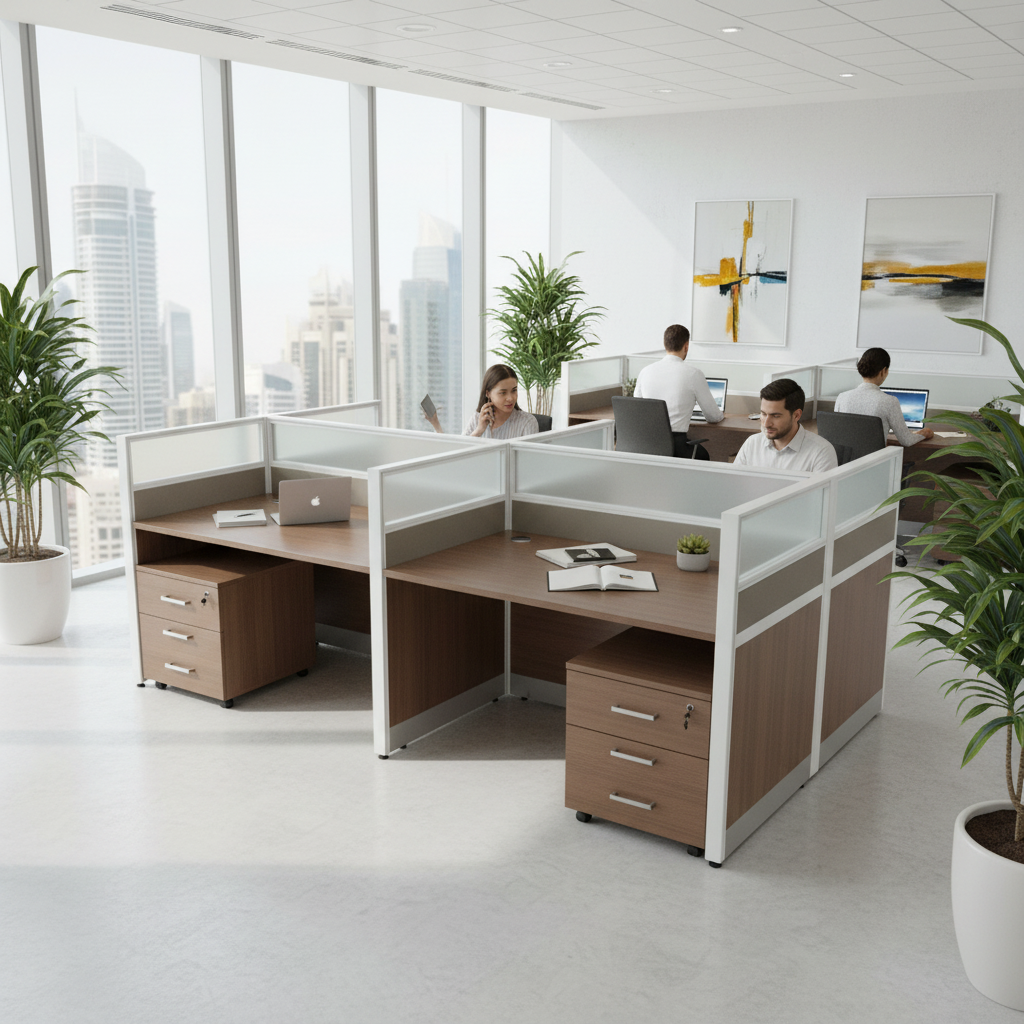 4-Person Work Station Oak+Kakie | Office Furniture UAE | INFINI HOMES