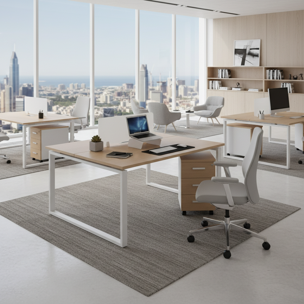 2 Person Office Workstation Desk Dubai UAE | Face to Face Desk 120x120cm Oak White