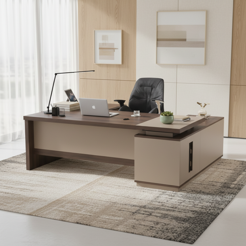 L-Shape Office Desk 1.6M Coffee & Khaki UAE | Premium Executive Workstation Dubai