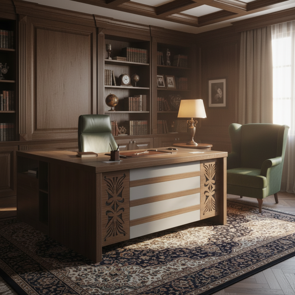 Luxury executive office desk 160cm in classic private study with ornate carved teak finish – IH-718 Dubai UAE