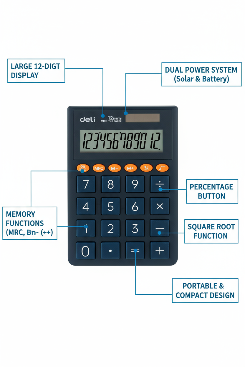 Deli EM130 Calculator 12 Digit - Portable Desktop Calculator Dubai UAE | Solar & Battery Dual Power