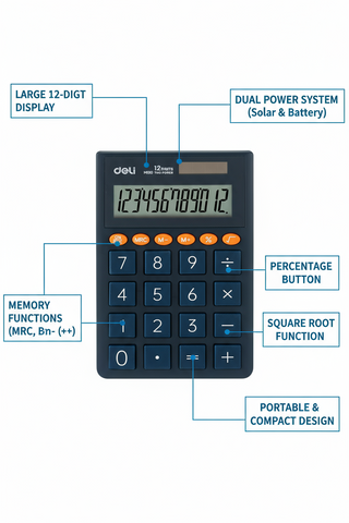 Deli EM130 Calculator 12 Digit - Portable Desktop Calculator Dubai UAE | Solar & Battery Dual Power
