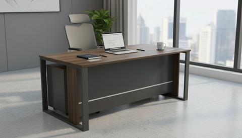 Office Desk 160x80cm with Metal Legs & Pedestal Drawer - Walnut Grey | Dubai UAE
