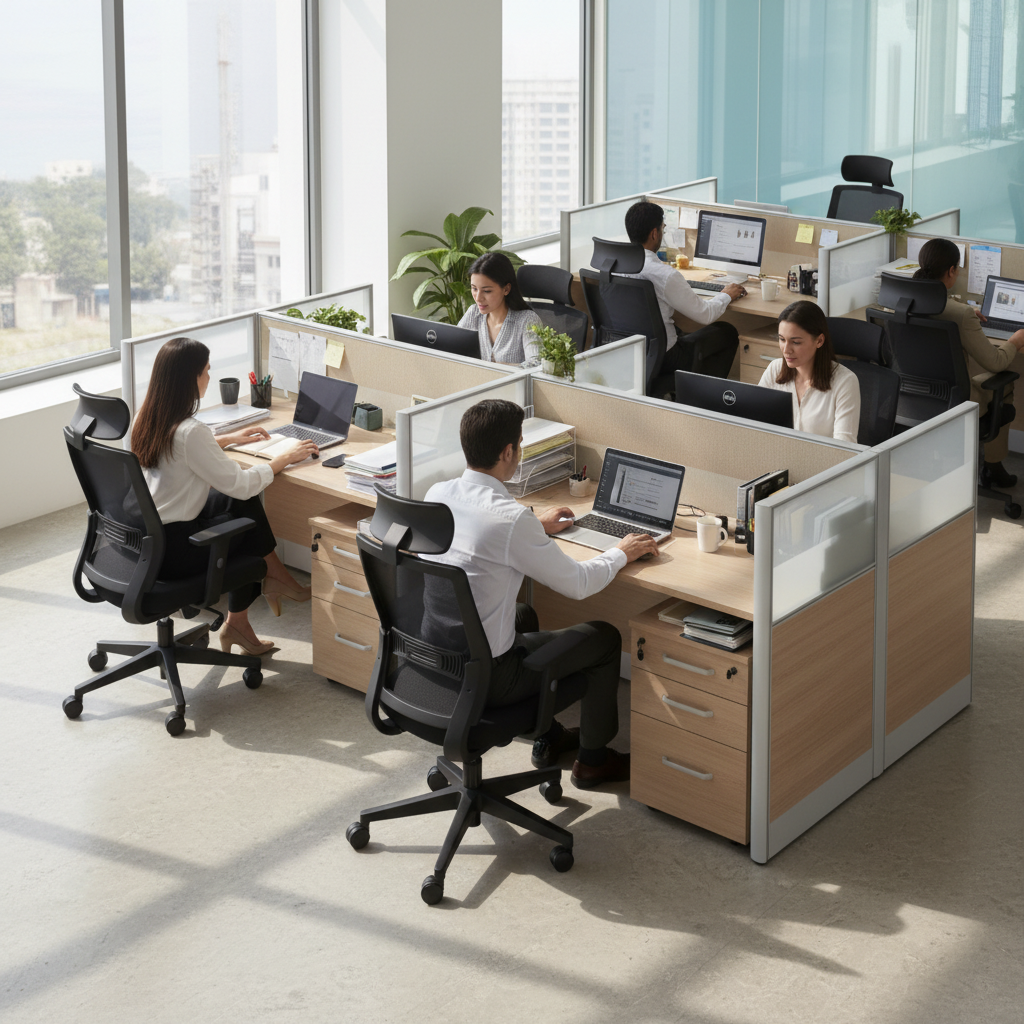 4-Person Work Station Beech & White | Office Desk UAE | Free Delivery Dubai, Abu Dhabi, Sharjah