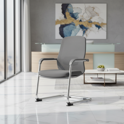 Ergonomic Mesh Visitor Chair Grey - Office Guest Chair UAE with Chrome Arms & Base | IH 202