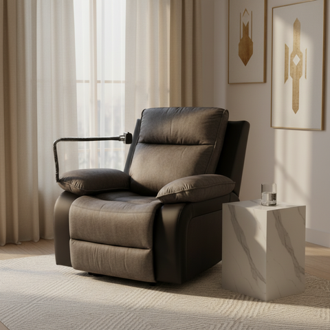 Swivel Recliner Chair with Mobile Holder | Grey Fabric Recliner UAE