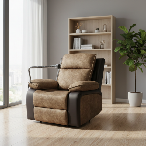 Swivel Recliner Chair with Mobile Holder | Premium Brown Fabric Recliner UAE