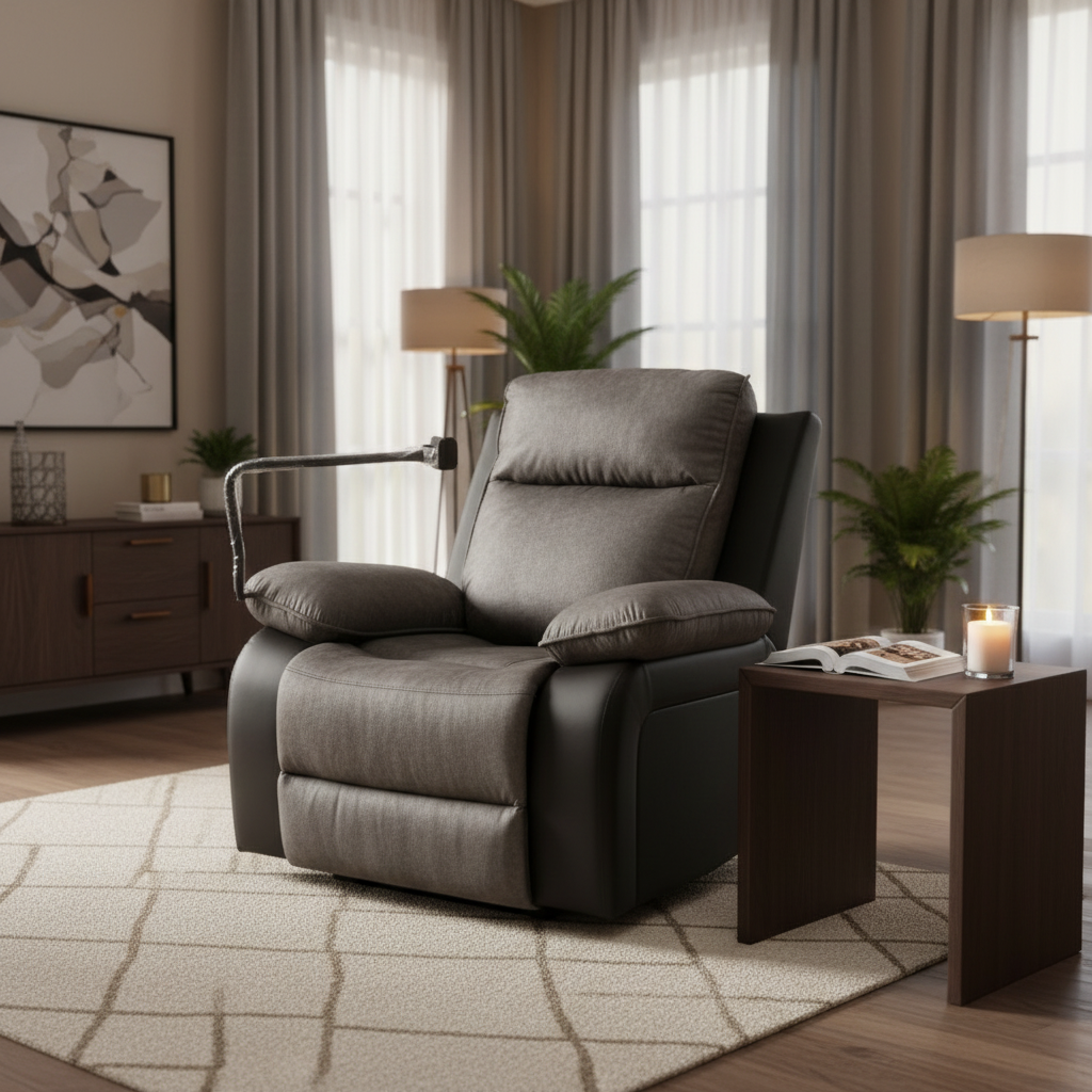 Swivel Recliner Chair with Mobile Holder | Grey Fabric Recliner UAE