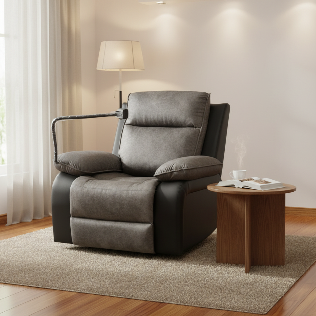 Swivel Recliner Chair with Mobile Holder | Grey Fabric Recliner UAE