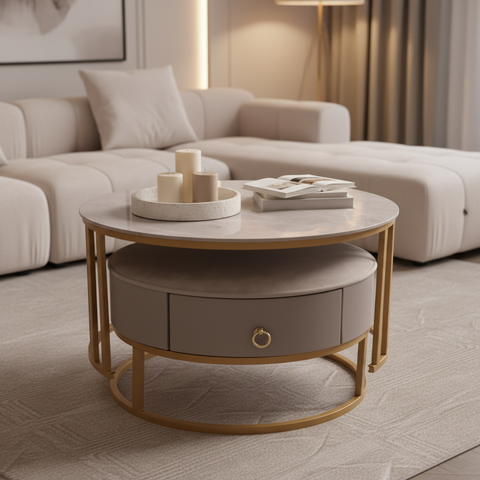 Sintered Stone Coffee Table Set (1+1) | Grey & Gold | IH 9003