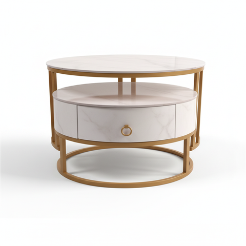 Sintered Stone Coffee Table Set (1+1) | White & Gold | IH 9002