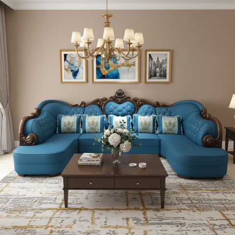 PU Classic Sofa Set IH-8763 | Blue | 400×205×137 cm – INFINI HOMES