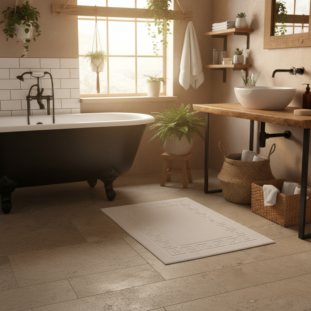 Premium white bath mat set in rustic modern bathroom - INFINI HOMES 100% cotton luxury spa quality bathroom accessories UAE