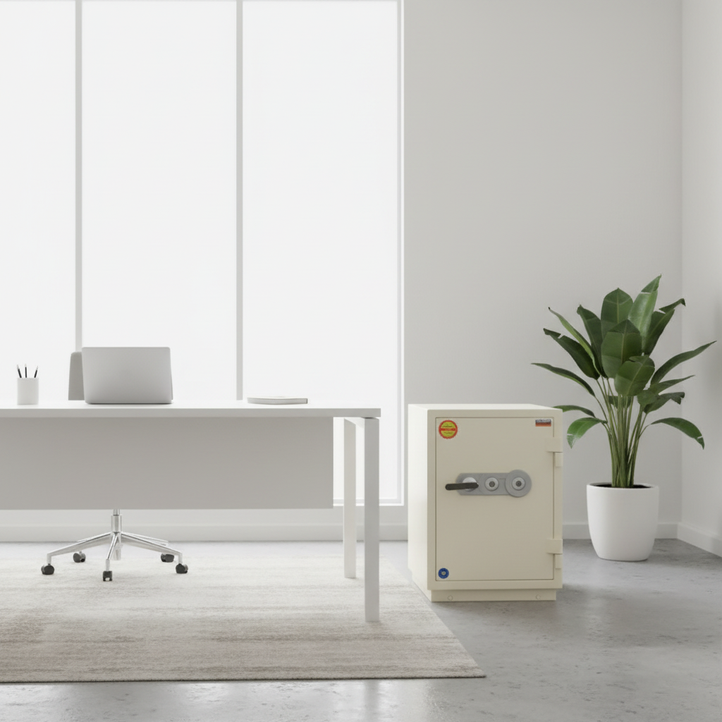 Valberg FRS-66 KL Fire Resistant Safe beside Minimalist Office Desk – Buy in UAE
