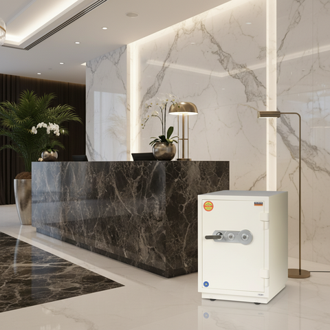 Valberg FRS-66 KL Fire Resistant Safe beside Reception Desk – Office Security Solution UAE
