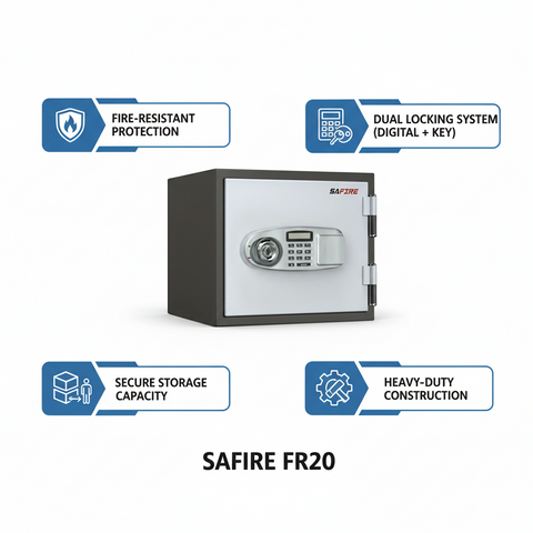 SAFIRE FR20 Fire-Resistant Safe – Grey, Dual Locking (Key + Digital)