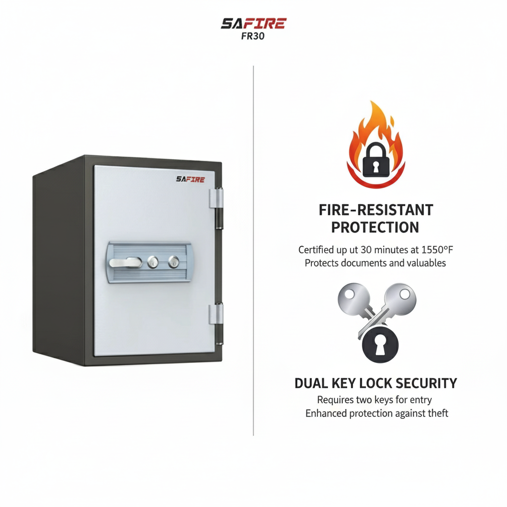 SAFIRE FR30 Fire-Resistant Safe – Grey, Dual Key Lock System