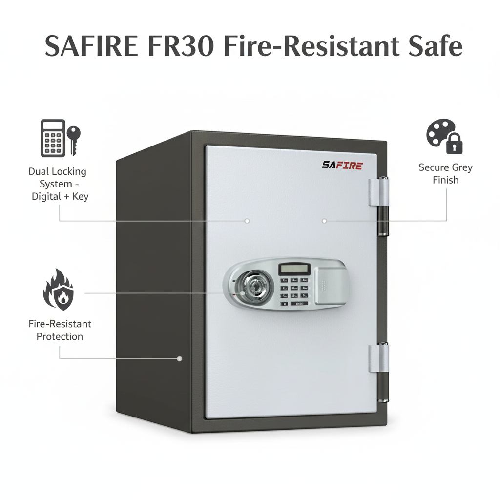 SAFIRE FR30 Fire-Resistant Safe – Grey, Dual Locking System (Key + Digital)