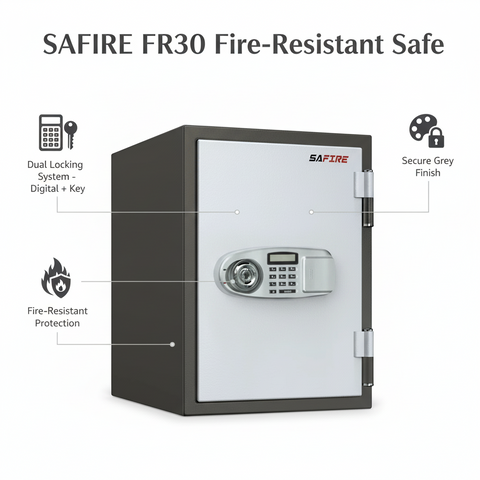 SAFIRE FR30 Fire-Resistant Safe – Grey, Dual Locking System (Key + Digital)