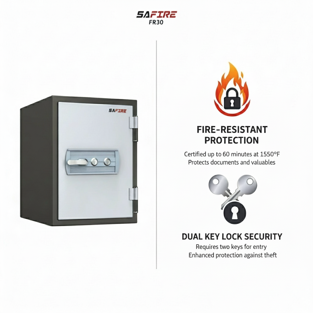 SAFIRE FR40 Fire-Resistant Safe – Grey, Dual Key Lock System