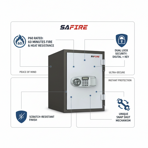 SAFIRE FR40 Fire-Resistant Safe – Grey, Dual Locking System (Key + Digital)