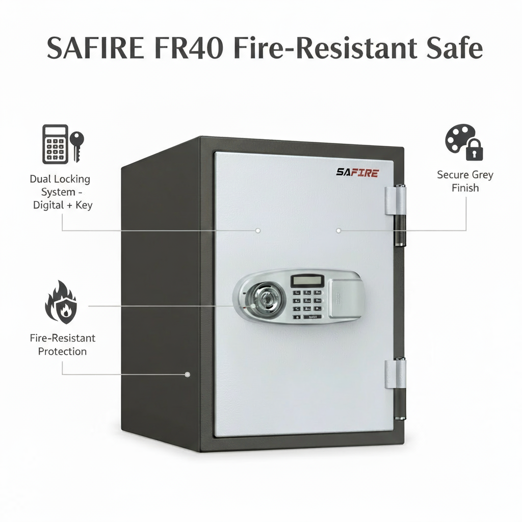 SAFIRE FR40 Fire-Resistant Safe – Grey, Dual Lock (Key + Digital)