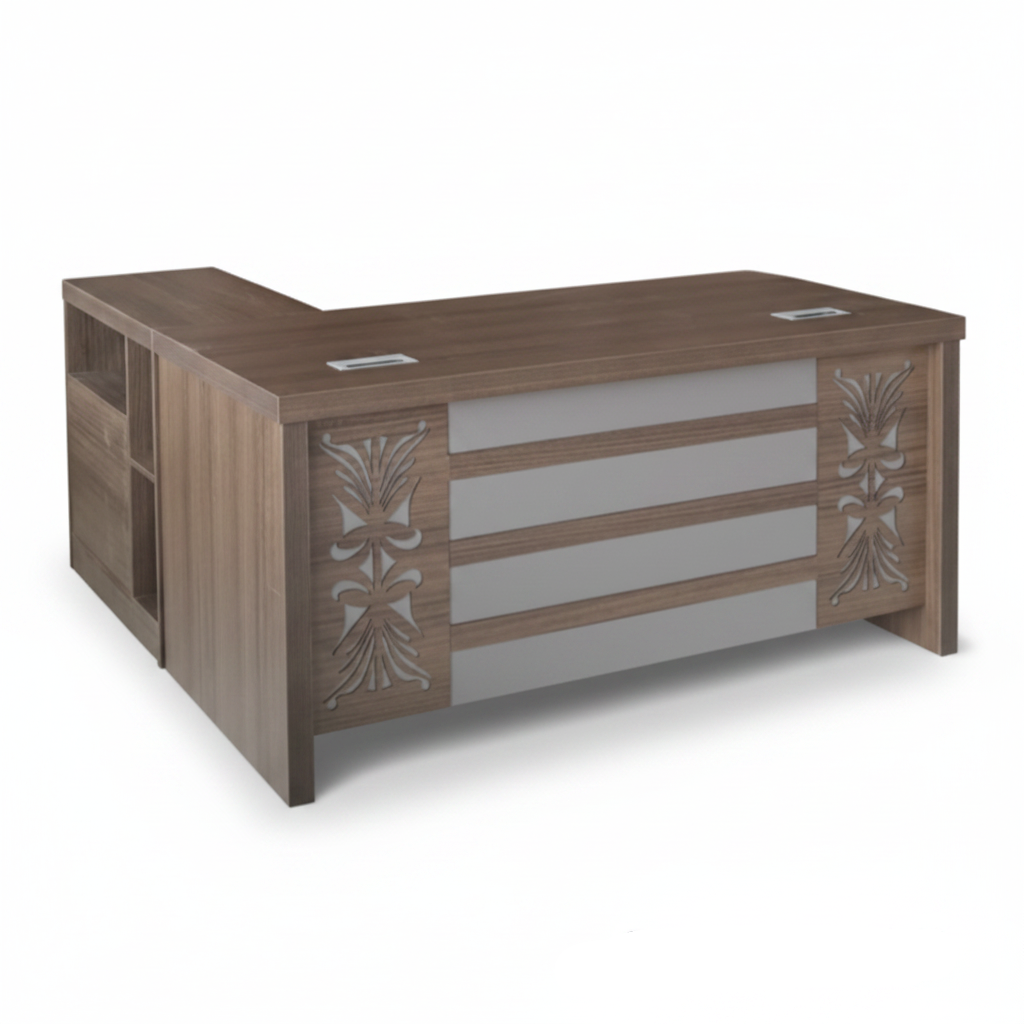 Office Table 160cm Premium Teak Executive Desk IH-718 with carved wood panel and side storage – buy online UAE