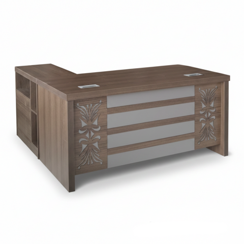 Office Table 160cm Premium Teak Executive Desk IH-718 with carved wood panel and side storage – buy online UAE