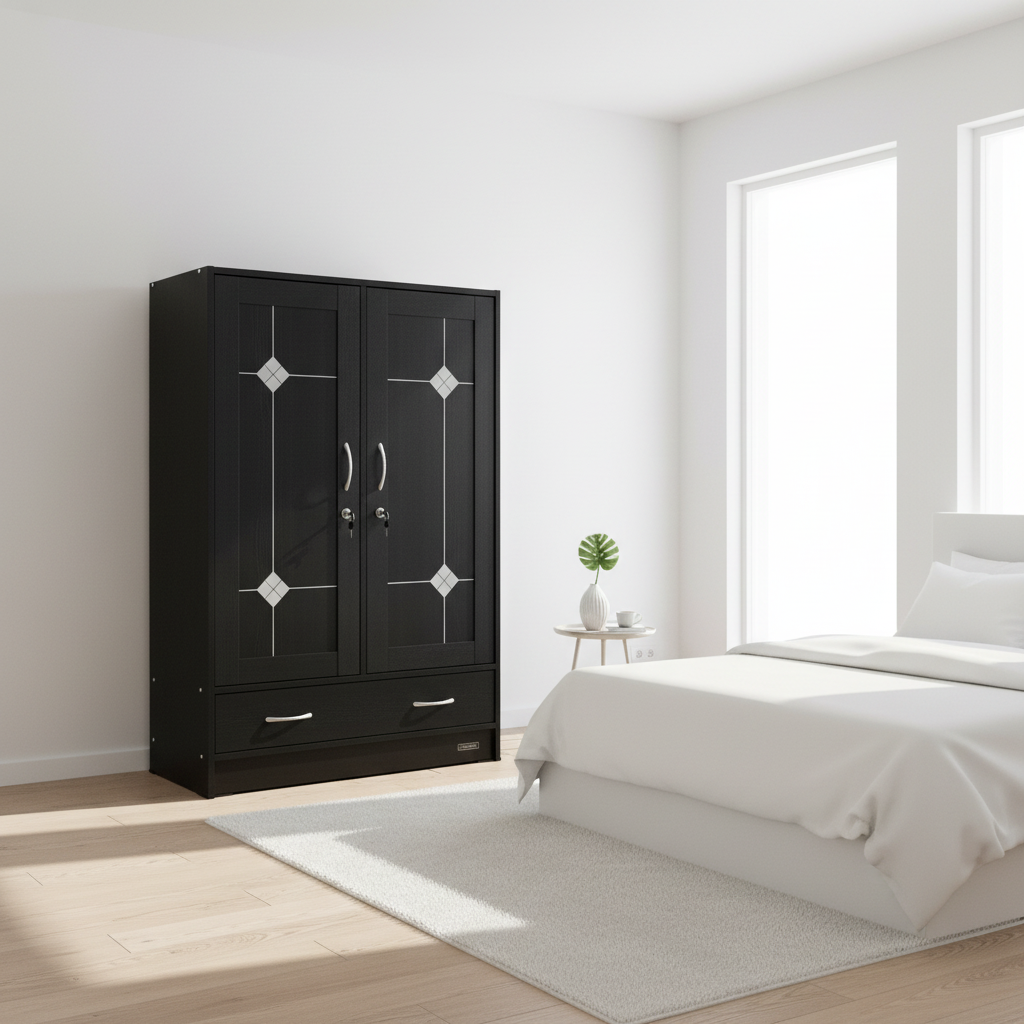 Black Double-Door Wardrobe with Silver Diamond Accents & Storage Drawers | Buy in UAE
