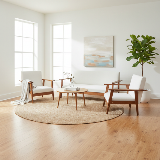 Wooden Sofa Set 3+1+1 | Cherry Wood & Off-White Cushions – INFINI HOMES