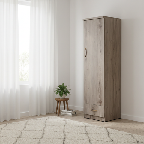 Wooden Single Door Wardrobe with Drawer Scandinavian Bedroom Style UAE – IH 111 Lockable Storage Wardrobe