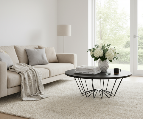 Round Decorative Table Dubai UAE - Premium Basalt Top & Black Steel Frame | INFINI HOMES