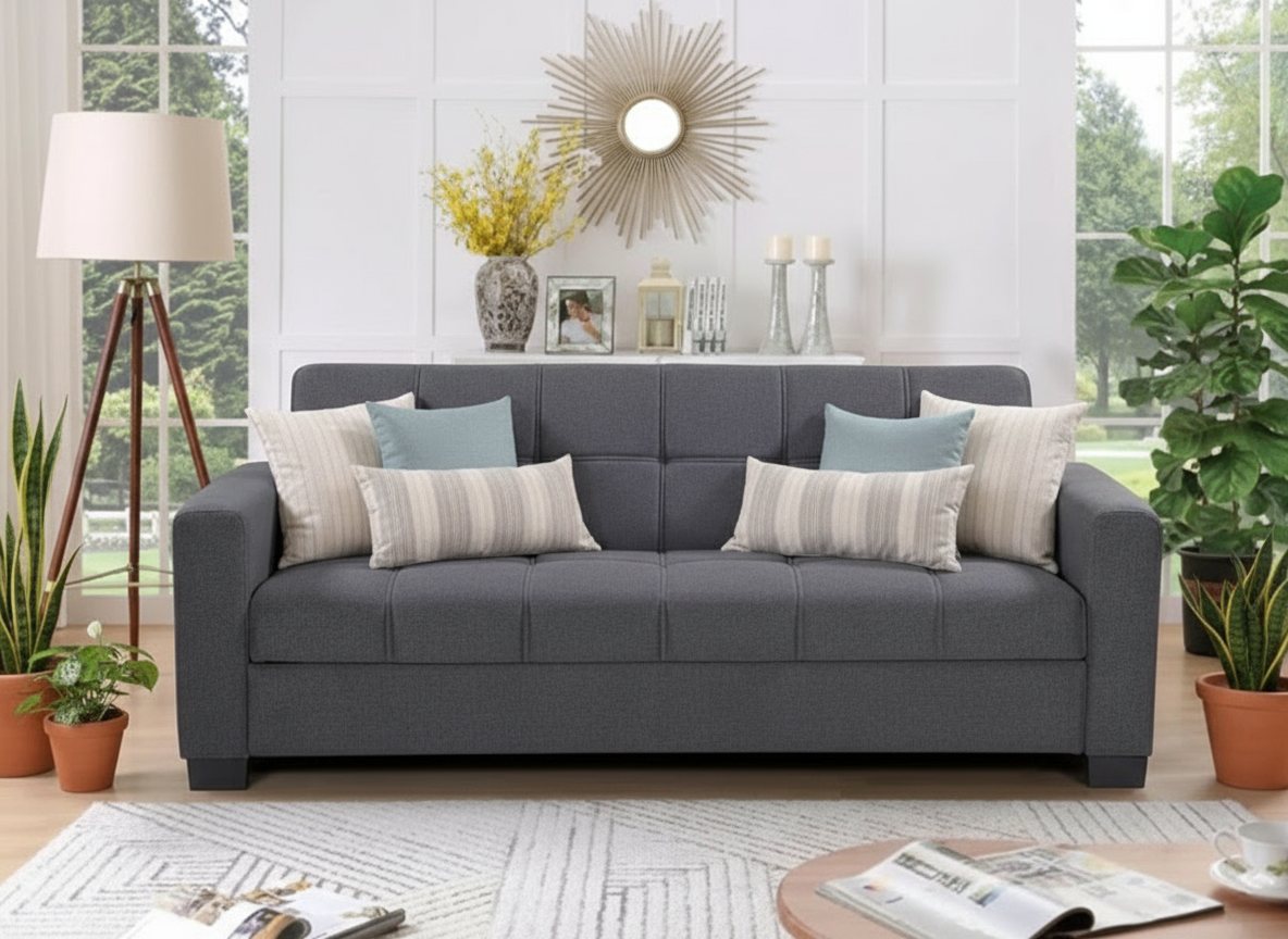 INFINI HOMES Compact Gray Fabric 3-Seater Sofa Bed with Modern Design ( Without Assembly)