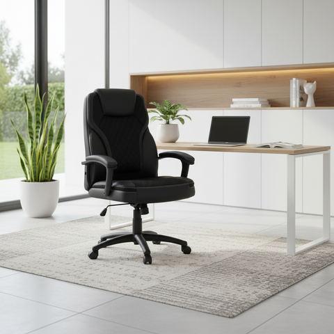 Black PU High Back Office Chair in Scandinavian Minimal Home Office with White Storage and Laptop Desk – IH 7123 | Home Office Chair UAE