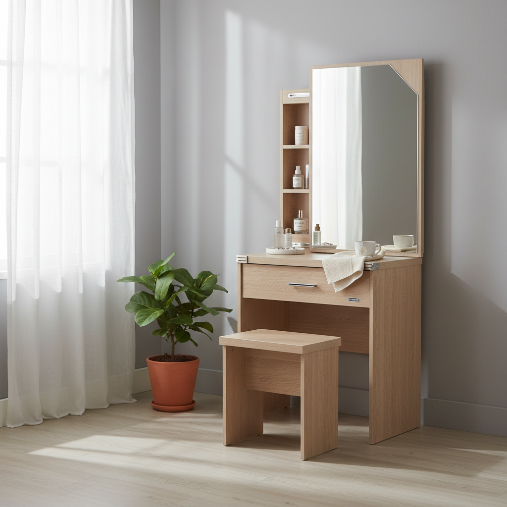 Sliding Mirror Dressing Table with Stool – Natural Oak Finish | UAE Delivery