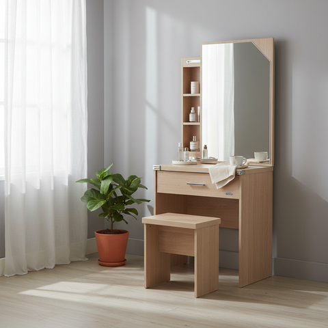 Sliding Mirror Dressing Table with Stool – Natural Oak Finish | UAE Delivery
