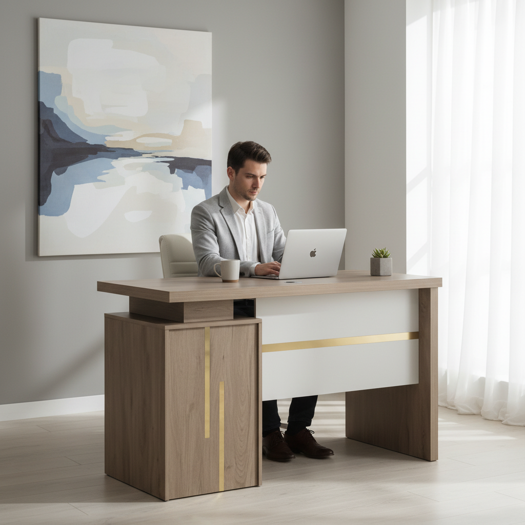 Scandinavian-style office desk with gold accent and white panel finish in a modern workspace – buy office desk UAE