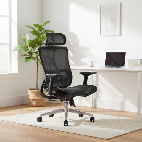 Ergonomic mesh high back office chair with headrest in Scandinavian-style office setup – buy in UAE | INFINI HOMES IH A-216
