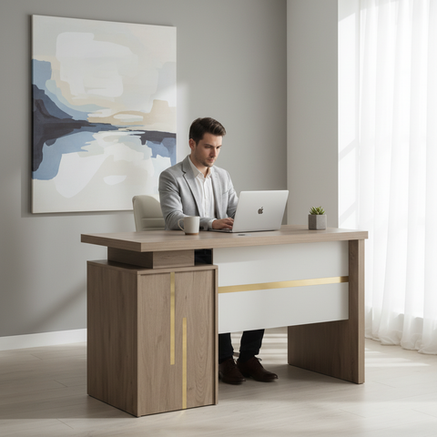 Scandinavian-style office desk with gold accent and white panel finish in a modern workspace – buy office desk UAE