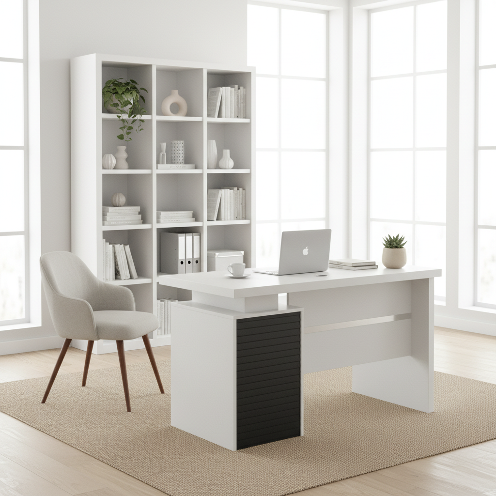 White Office Desk with Open Bookshelf in Minimalist Study Room – Office Furniture Dubai UAE