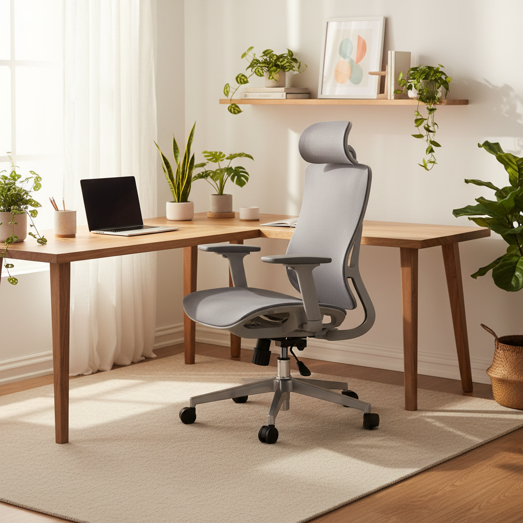 Mesh ergonomic chair with headrest in minimalist Scandinavian workspace – premium office chairs UAE | INFINI HOMES IH A-216