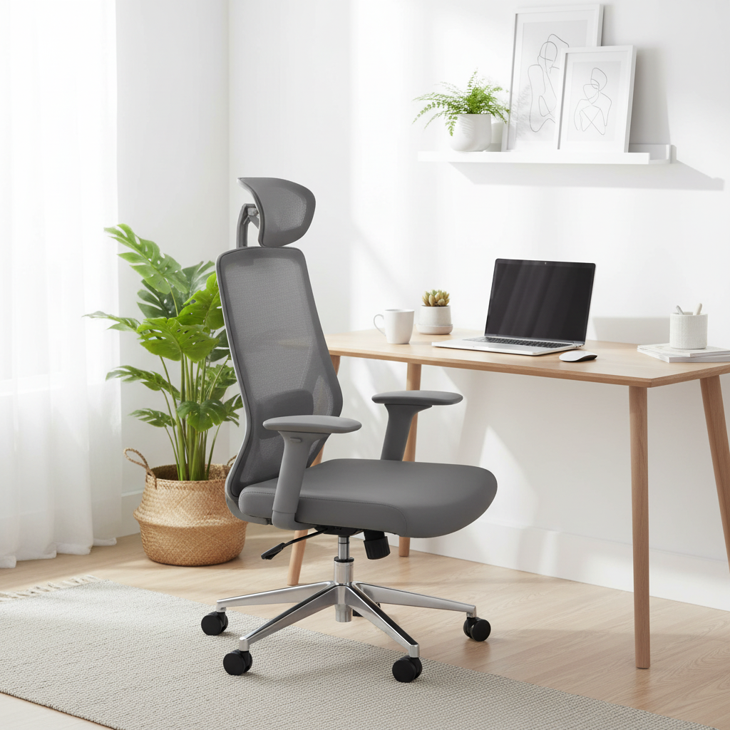 Mesh High Back Office Chair with Headrest and Fixed Arms – Scandinavian Workspace Setup | Buy in UAE